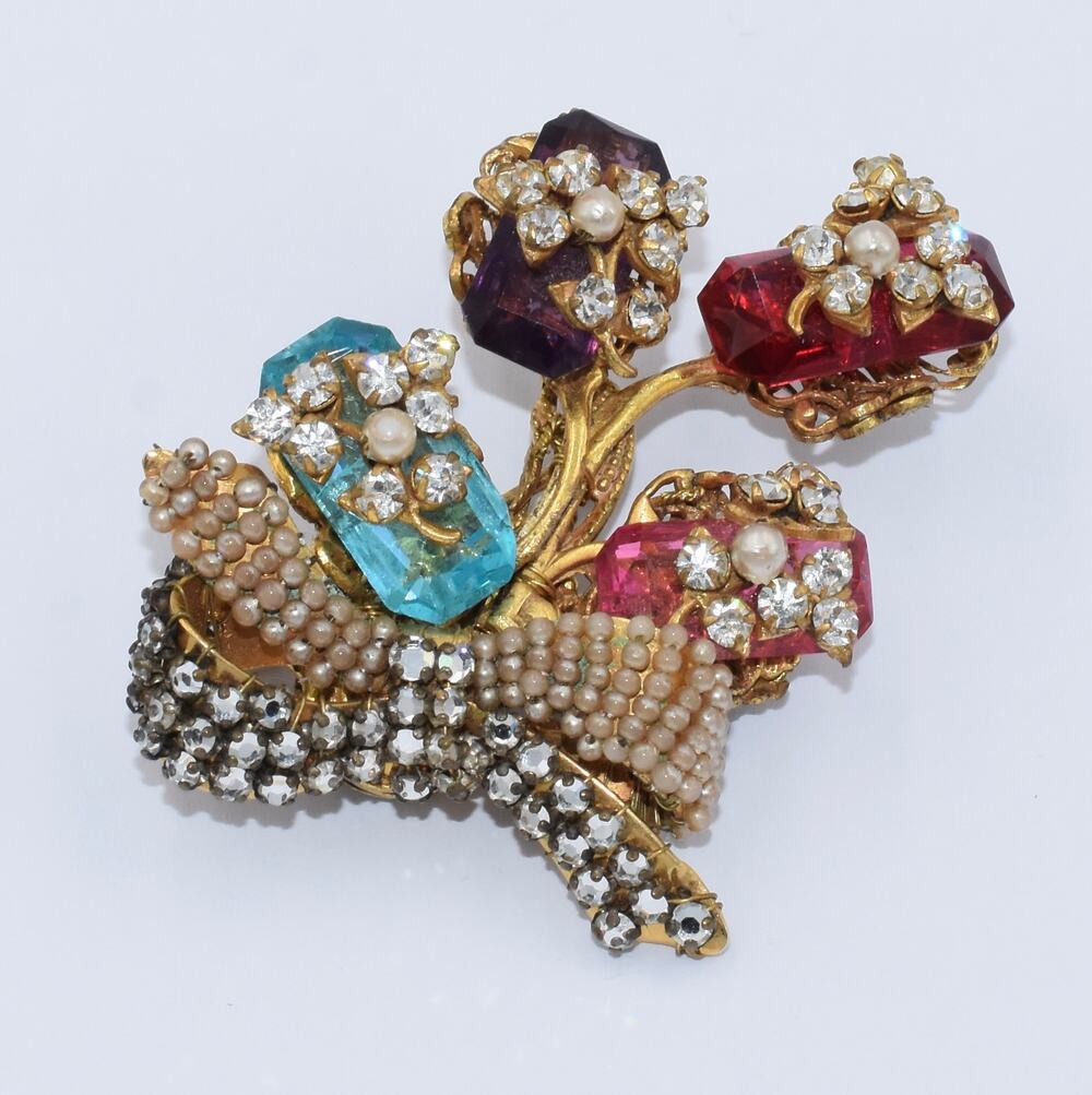 Miriam Haskell 1950s Signed Glass Bell Flower Bouquet Spray Pearl Bow Brooch